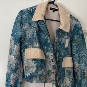 Lulu's Teal Floral Jacquard Bomber Jacket with Cream Corduroy Trim